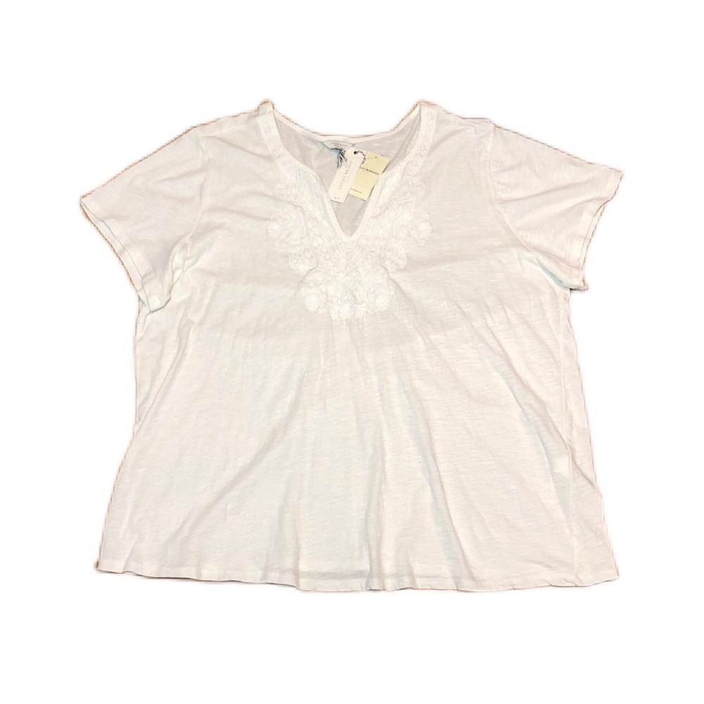 Lucky Brand Curvy Embroidered Bib V-Neck Tee Blouse in White Womens Plus size 3X